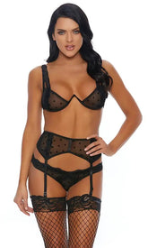 Black Mesh Polka Dot Three Piece Intimate Set Areous